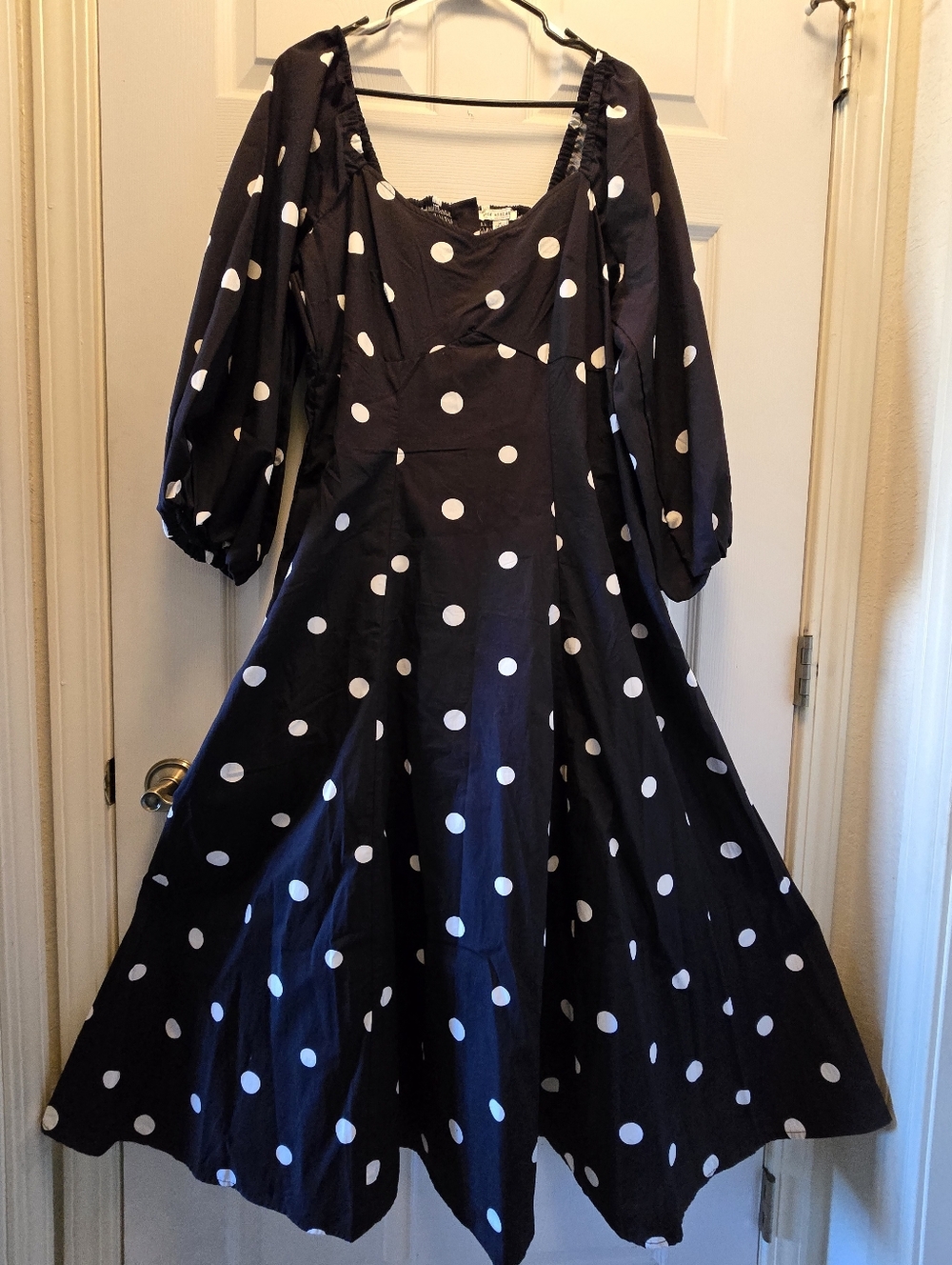 Polka Dot Swing Midi Dress in Navy and White